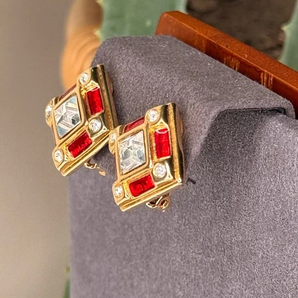 VTG Swarovski Swan Logo Art Deco Gold Red Enamel Crystal Clip Earrings Jewelry - Picture 2 of 6